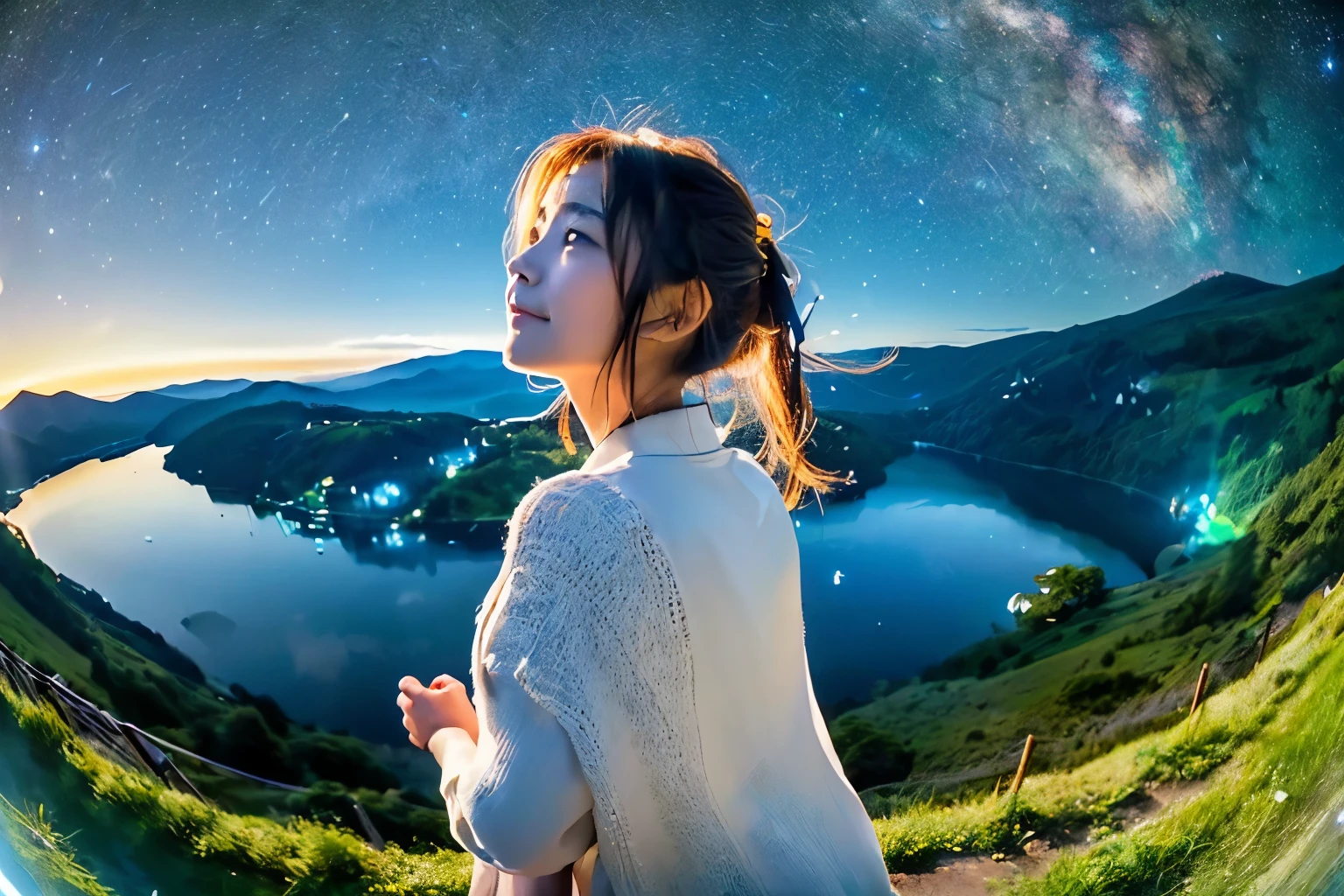 (1girl:1.4),
(masterpeace:1.4),(Looking away:1.3), (flutter in the wind:1.4), (Shame smile),
A serene lake nestled among the verdant hills still waters reflecting the shimmering tapestry of (Milky Way:1.1) and stars strewn across the vast expanse of the night sky,
beautiful (stone:0.5) (city:1.1) on the shore of the lake,
(fisheye:1.3),