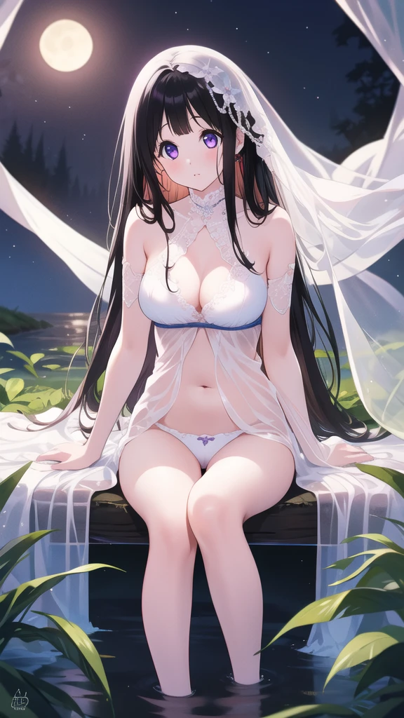Beautiful Chitanda, 只有一个beautiful girl,Purple Eyes, Black Hair, Naturally straight hair, Straight bangs,Extremely refined,open your lips,Face is so red,Very white skin,big eyes,Flowing long hair,beautiful girl, Like a dream,Slim,Soft, (Sensual), (Kawaii), Dream quality,night,moonlight,Starlight,Swallowed by the swamp,Fallen Leaves,no pants,No clothes,Exposing breasts,No pants,Delicate clavicle,Delicate hands and feet,Bare neck,Bare thighs,Exposing the groin,Camel toe,Bare legs,barefoot,extremely shy,Ultra-high resolution, (masterpiece:1.2, best quality), (Delicate and beautiful eyes: 1.2), (Beautiful and delicate face)