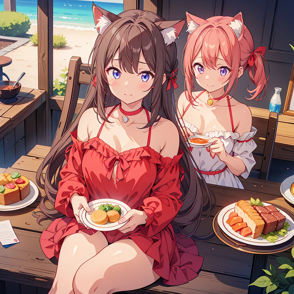 I wrote a girl character called Akami Karubi.。The features are as follows。A girl in a red frilly dress。Princess of the Kingdom of Meat。Akagami twin tails with cat ears。She wears a choker around her neck with a plate with the word &quot;Karubi&quot; written on it.。Eye color is blue。22 years old。Eye highlights are heart-shaped。A natural and playful personality。He is wearing a cat&#39;s paw-shaped three-ton。uneducated。