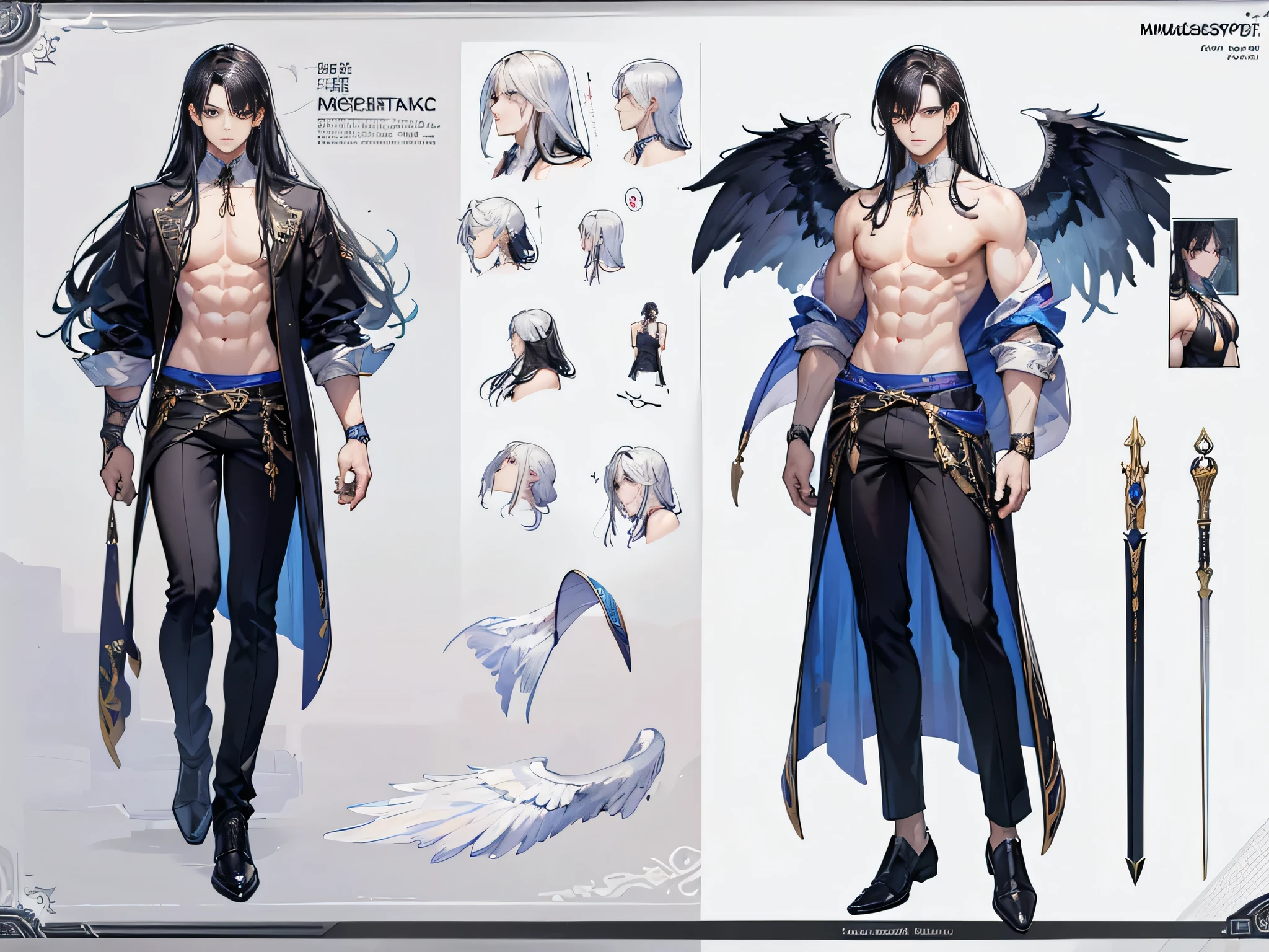 ((Masterpiece, Highest quality)), Male, boy, Detailed face, character design sheet， full bodyesbian, Full of details, frontal body view, back body view, Highly detailed, Depth, Many parts, angel wings, angel outfit, Muscle boy with black long hair bangs，handsome man, male angel , man tall,  abs, pectoral muscle