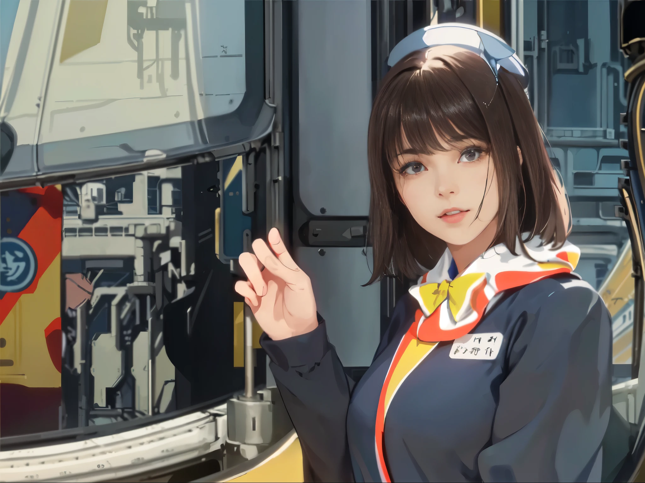 Only one female, Are standing, (Extend your arms towards the viewer:1.1) (Point with your index finger:1.2), (conductor) (Calm blue uniform) Have, Mature Woman, /(Dark brown hair/) bangs, (A light smile:0.8), (Masterpiece of the highest quality:1.2) Delicate illustrations, super detailed, Big Break (Station platform:1.2), (Trains that have stopped), roof, noon, Detailed Background