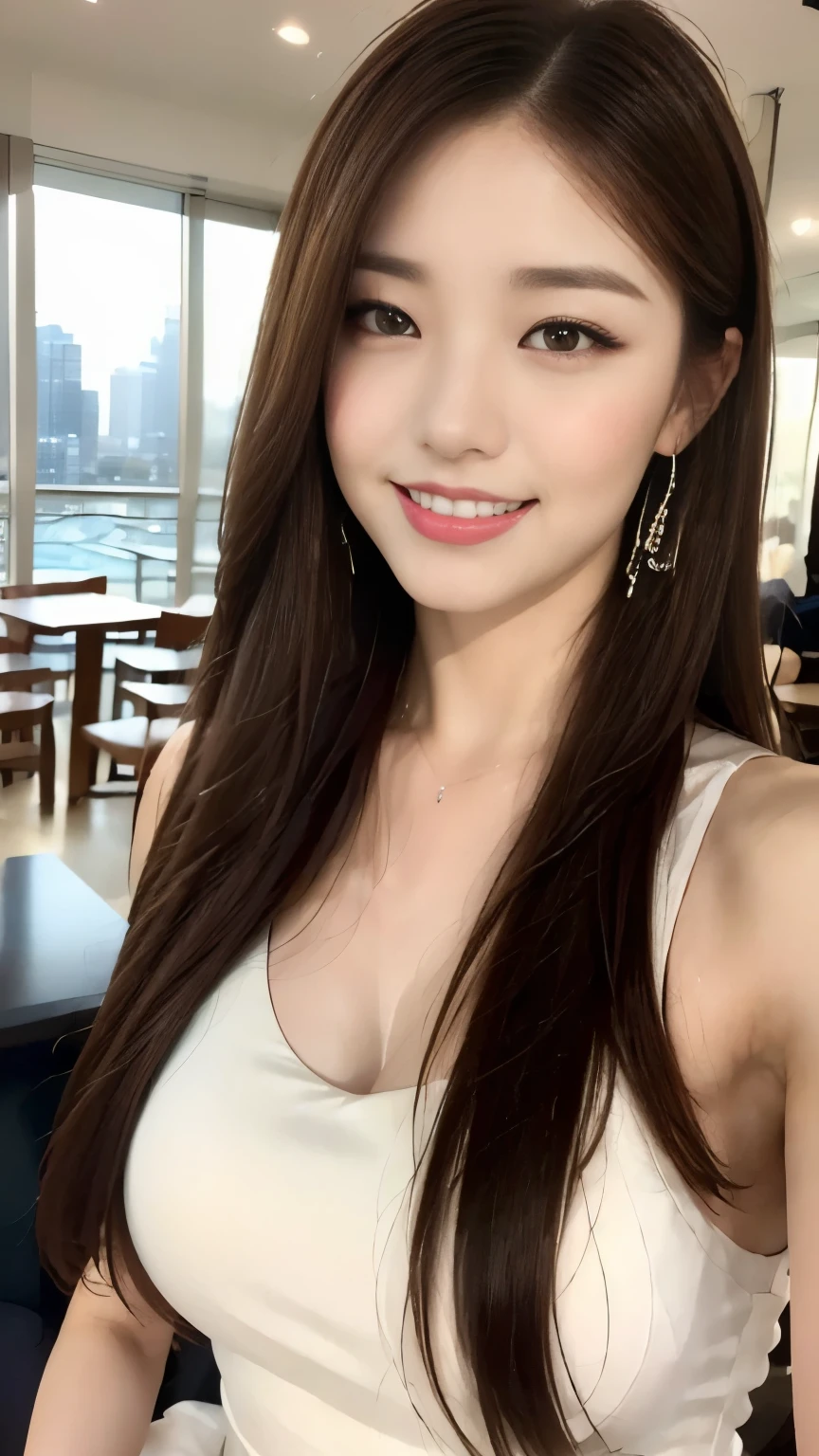 ((highest quality, 8k, masterpiece :1.3)), One Girl, close, Facing the camera,((A very affectionate smile:1.2)),,Red lipstick,Dark lipstick:1.2,Beautiful woman, Big Breasts:1.3,White long dress:1.2,Highly detailed face, fine grain, double eyelid, Blur the background, skyscraper,night,night景,restaurant,City,Tokyo Sky Tree, (Maximum resolution: 1.4), (Ultra high definition: 1.2), Cinematic Light, (Detailed skin), (Detailed facial features), 8k resolution, Perfect Style, Beautiful expression、Highly detailed faceと肌の質感、((Pure white skin:1.2)),Glossy Lips:1.2、Detailed lips,Wet lips,((Full Body Shot:1.2)),(Straight Hairstyles、Light brown hair)、One-length long hair、175cm,From above