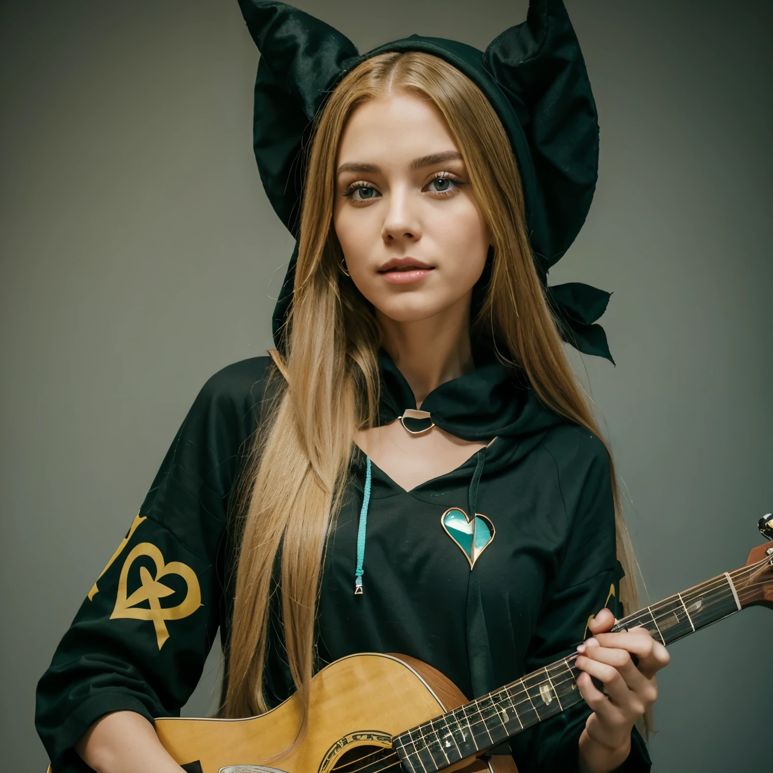 Long yellow hair black dress with a heart on the chest brown guitar green hood only the hat blue horns