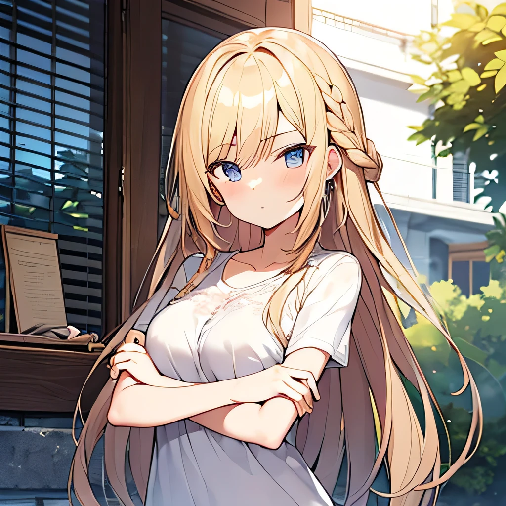 masterpiece、highest quality,Very detailed, Absurd beauty、1 beautiful girl、 (Long Hair、Braided hair、blonde、Ample breasts), Keep your head small、Eyes of suspicion、Casual clothing、Summer clothes、Cross your arms under your chest、Bad mood