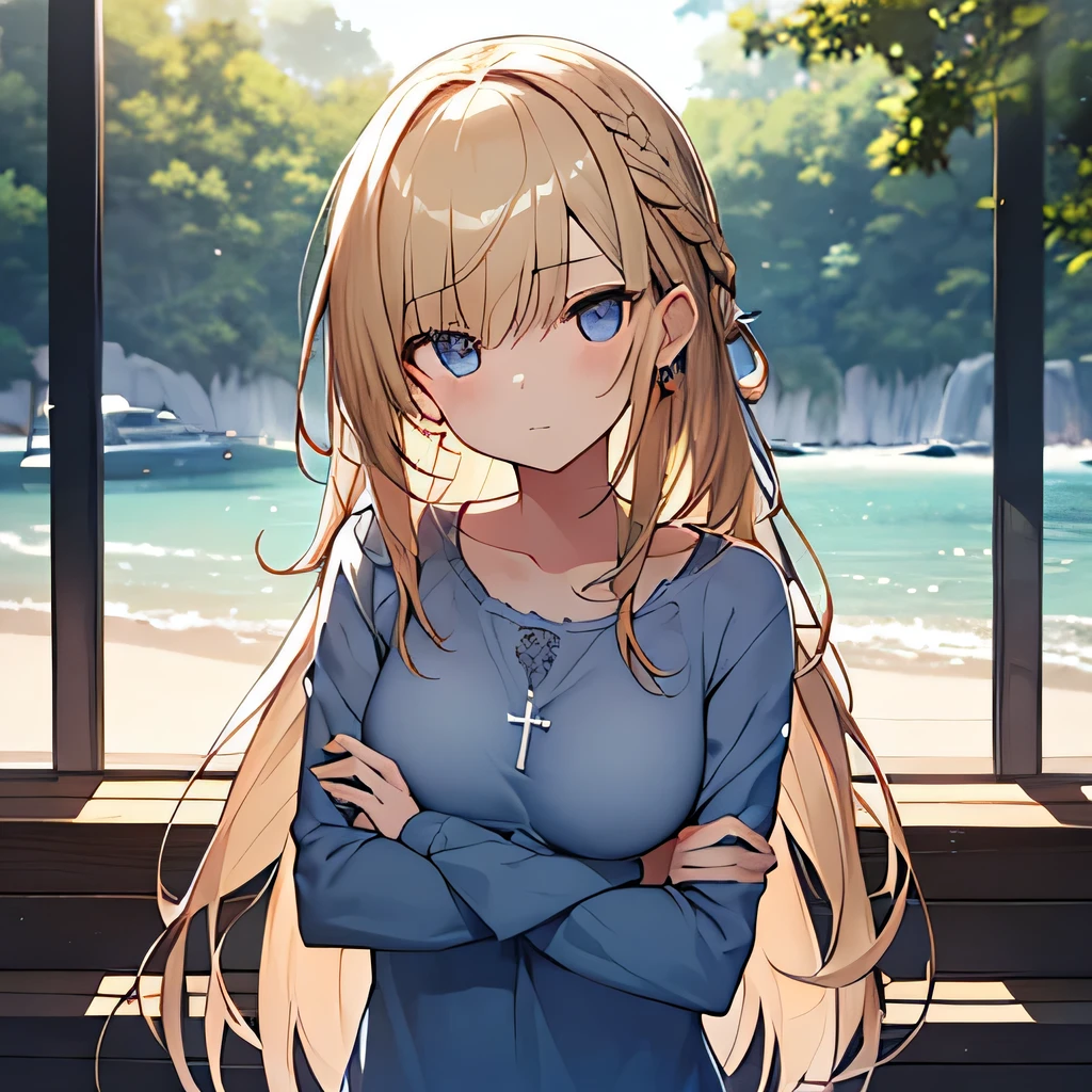masterpiece、highest quality,Very detailed, Absurd beauty、1 beautiful girl、 (Long Hair、Braided hair、blonde、Ample breasts), Keep your head small、Eyes of suspicion、Casual clothing、Summer clothes、Cross your arms under your chest、Bad mood
