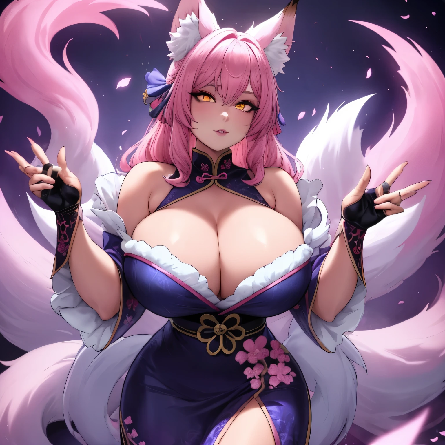 (masterpiece:1.2),ultra-detailed,hazy lighting, vibrant colors, glowing eyes, female kitsune with fluffy fox ears, has multiple fox tails, has flowing pink hair with blue highlights, wearing a black and pink sakura themed chinese dress, surrounded by cherry blossom petals, feint aura, off kilter pov, has bright yellow eyes. deep v neck, showing cleavage, posing comfortably, solo, alone, action pose (SOLO)(ALONE) has blue hair, wearing light makeup, wearing lipstick