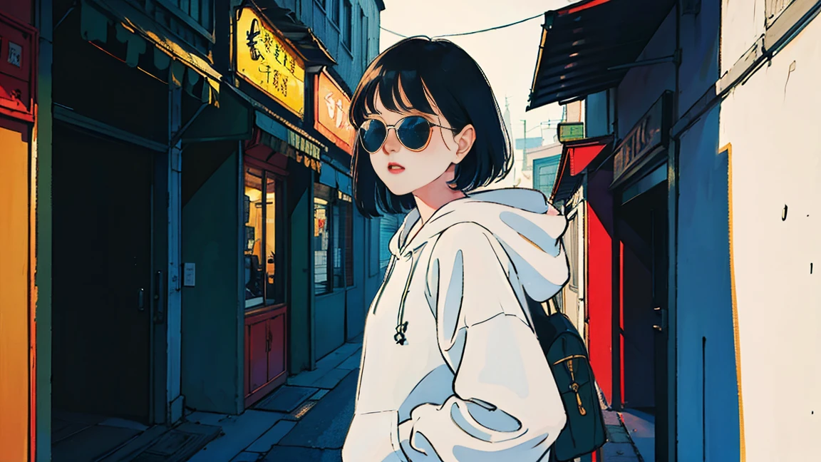 null、the way、traffic jam、Beautiful Asian girl with black hair、Perfect Face、sunglasses、White hoodie、Shorts, (Backlight: 1.1), Hard Shadows, masterpiece, highest quality, Complex, Model shooting style, Vintage, Film Grain, Incomplete details