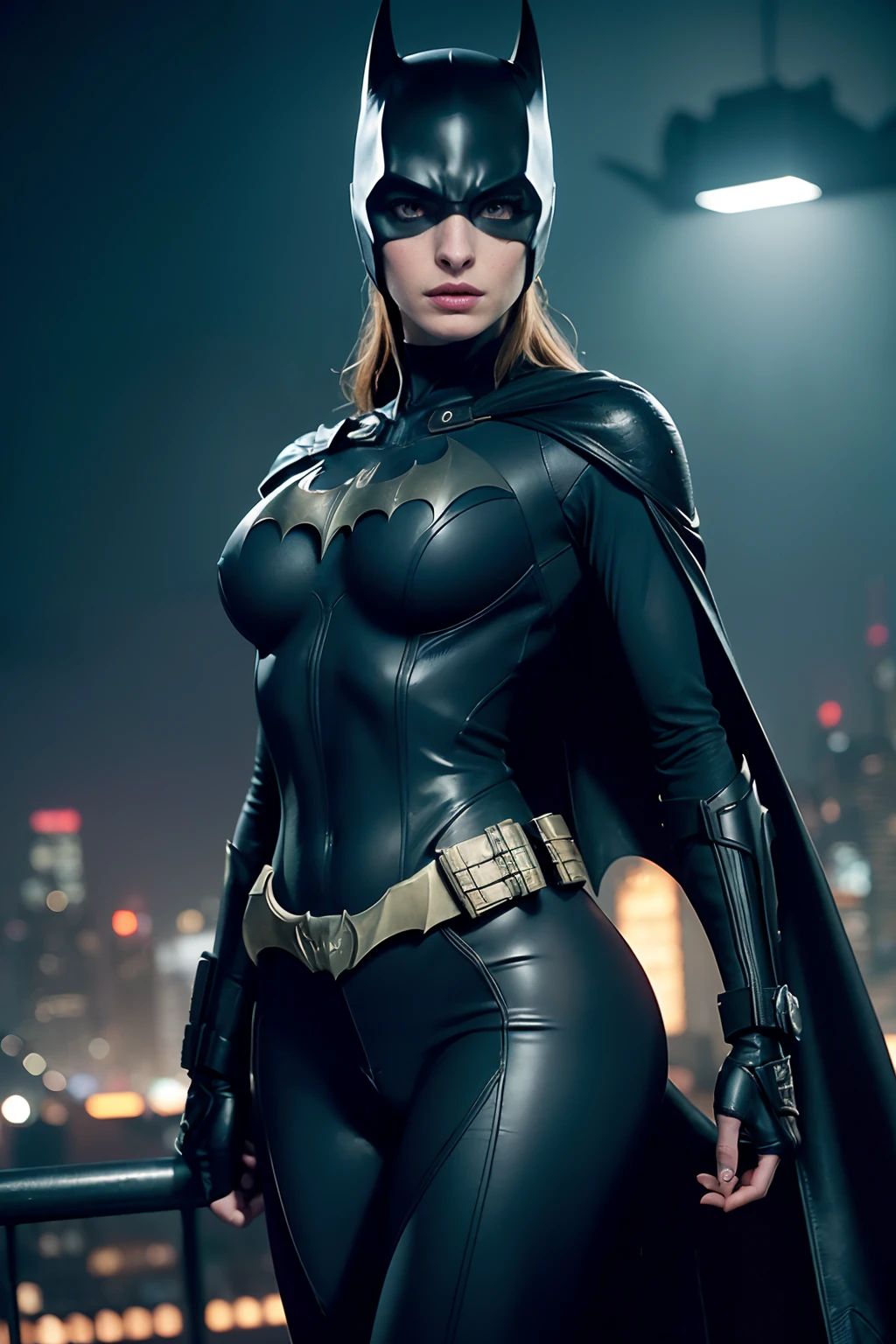 ((Anne Hathaway as Batgirl holding a Batarang)), wearing cyberpunk Batgirl armor with cape, (dynamic pose), red hair, athletic build, tight costume, very beautiful, ((sexy, small natural breast, cleavage, nippin, camel toe)), (highly detailed skin: 1.2), serious face, beautiful face, highly detailed skin, skin pores, (highly detailed face:1.1), (highly detailed eyes:1.1), realistic pupils, full face blush, full lips, (perfect anatomy:1.1), (perfect proportions:1.1), (photography:1.1), (photorealistic:1.1), volumetric lighting, dynamic lighting, real shadows, (highres:1.1), sharp focus, (realistic, hyperrealistic:1.4), intricate, high detail, dramatic, subsurface scattering, vivid, polished, sharpened, 35mm, 8k, (((Night photography, Gotham city background)