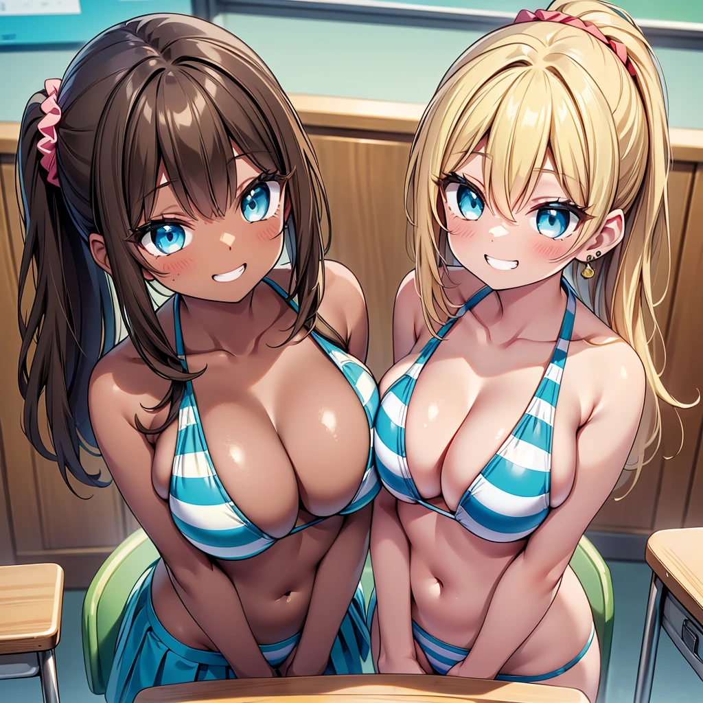(cute eyes:1.2), (sparkling eyes:1.2), (8K、Best image quality、highest quality、masterpiece)、Detailed face、(Upper body close-up:1.3), (group),(symmetrical docking:1.3), (5 girls)、Improve、((Brown Skin:1.3))、blonde、Low Ponytail、Scrunchie、Yellow Eyes、Earrings、Wicked Smile、((Grin)), (glamorous:1.2), (huge breasts:), (Light blue striped micro bikini:1.2), (leaning forward a chair), Classroom Background, (from above:1.2)