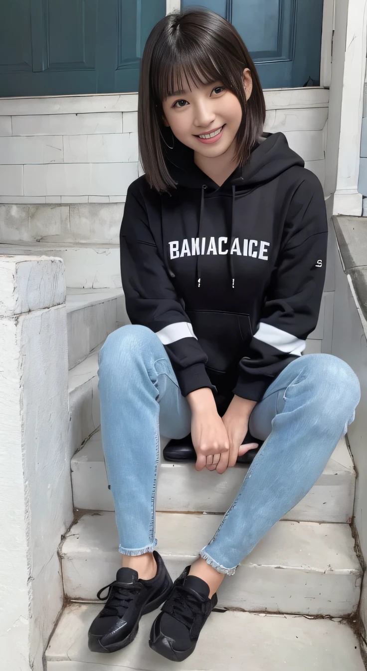 highest quality, Realistic, Very detailed, Finer details, High resolution, 8k wallpaper, One beautiful woman,Sit on the stairs、(Wear black socks)smile、(Beautiful teeth alignment、)(Gums are visible) Oversized hoodie, Skinny jeans,( Black sneakers)、Black Hair、 Beautiful Bangs、ear piercing、Perfect dynamic composition, Beautiful and detailed, Full Body Shot, A big smile