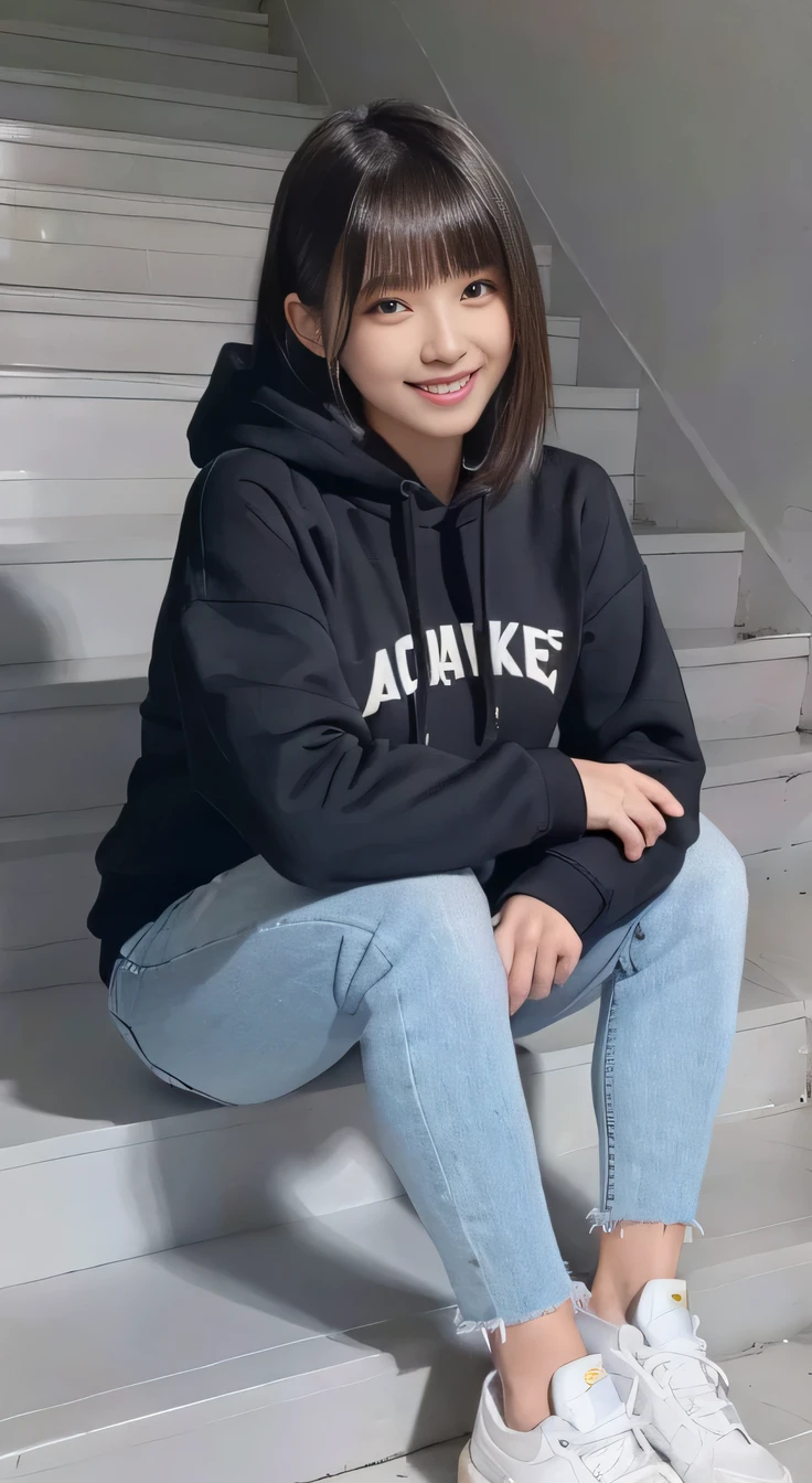 highest quality, Realistic, Very detailed, Finer details, High resolution, 8k wallpaper, One beautiful woman,Sit on the stairs、（Wear black socks）smile、（Beautiful teeth alignment、）（Gums are visible） Oversized hoodie, Skinny jeans,（ Black sneakers）、Black Hair、 Beautiful Bangs、ear piercing、Perfect dynamic composition, Beautiful and detailed, Full Body Shot, A big smile
