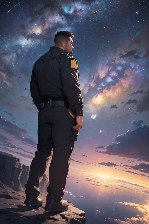((highres, best quality, 16k, masterpiece (a wide angle view of a man looking at the different planets and stars in the night sky by standing at a high cliff surrounded by clouds (beautiful)))
