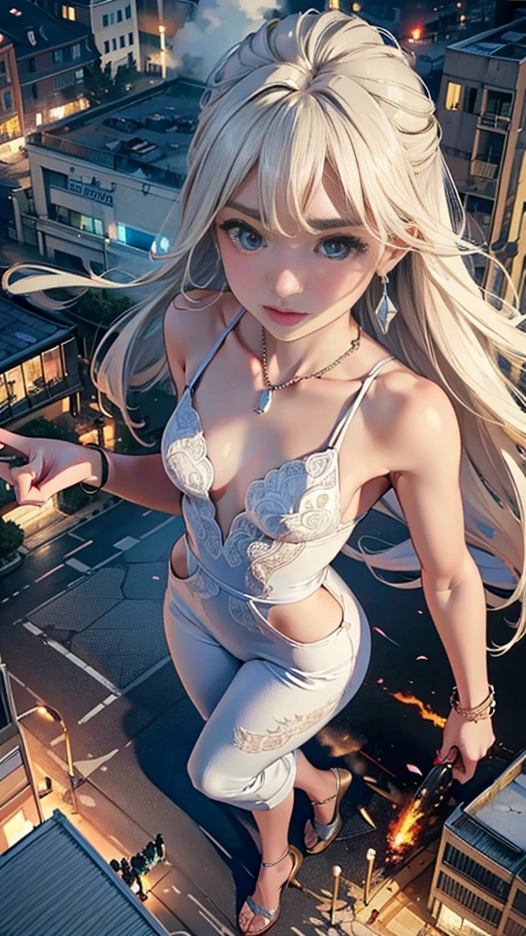 (16k, High resolution, highest quality, masterpiece, 超High resolution), ((Giantess Elements, From above)), Perfect dynamic composition:1.2, (Modern city at night), Highly detailed skin and facial textures:1.2, (Towering Giant Young Woman:1.0, Higher than skyscrapers:1.0, 50,000 feet tall:1.0, Incredibly slim body:1.0), smile, Fair skin, Sexy beauty, Very beautiful face, (近づいてくる女性をFrom above見下ろす), (White wide leg jumpsuit:1.0), Shapely breasts, Chest gap, Big eyes that exude beautiful eroticism, Lips that exude beautiful eroticism, necklace, Earrings, bracelet, wedding ring, Shoulder bag, clock, ribbon, Full body portrait, ((Destroy a small town, Burning Small Town, rubble, Destroyed small building, Collapsed highway, Evacuated Residents)), (Major impact, Emphasizing the majesty and power of giants, Increase the destructive element, Lower the building, Making cities smaller)