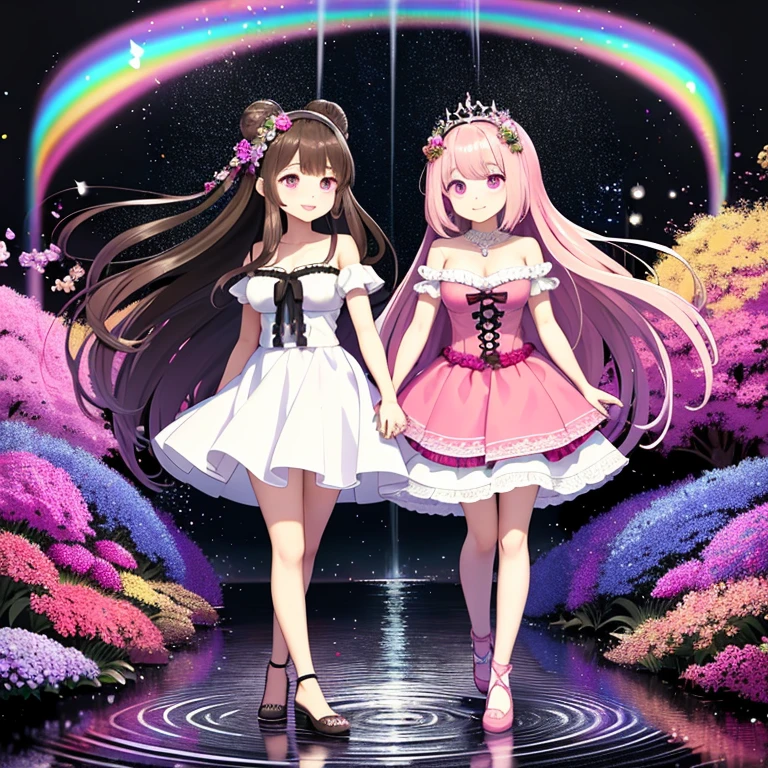Highest quality,A colorful fantasy world,Two beautiful women walking hand in hand,Ai Fukuhara,Pink Dress,long hair of dark purple color,Flower crown,Large breasts,Rainbow Road,Iridescent tree々,A beautiful black-haired woman with a sparkling river flowing through her