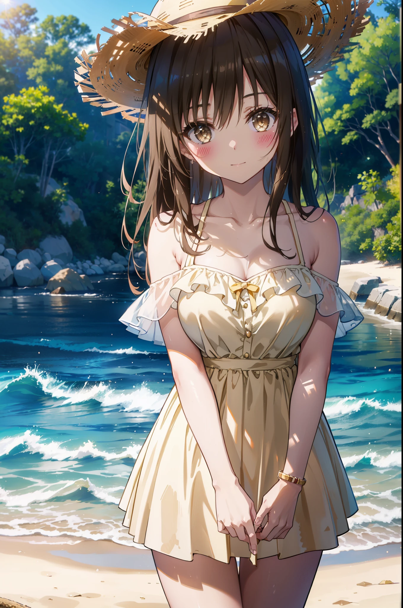 yuikotegawa, Yui Kotegawa, Black Hair, (Brown eyes:1.5),smile,blush, Long Hair,Big Breasts,Big straw hat,Off-the-shoulder sleeveless dress,bare clavicle,Bare neck,Bare arms,Bare shoulders,Long skirt,barefoot,Daytime,Clear skies,Palm tree,Sandy Beachを散歩している,
break outdoors, Beach,Sandy Beach,
break looking at viewer, (Cowboy Shot:1.5),
break (masterpiece:1.2), highest quality, High resolution, unity 8k wallpaper, (figure:0.8), (Beautiful fine details:1.6), Highly detailed face, Perfect lighting, Highly detailed CG, (Perfect hands, Perfect Anatomy),