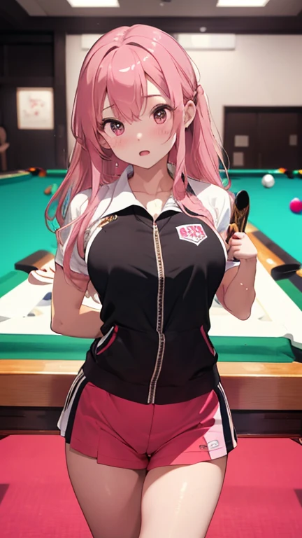 masterpiece、highest quality、Very detailed、Photograph the upper body、1 female、(Put your arms behind your back:1.2)、Are standing、Turn your body forward、View your viewers、(billiard uniform)、blush、shy、Pink Hair、Open your mouth、(Pool hall:0.9)、Big Breasts、