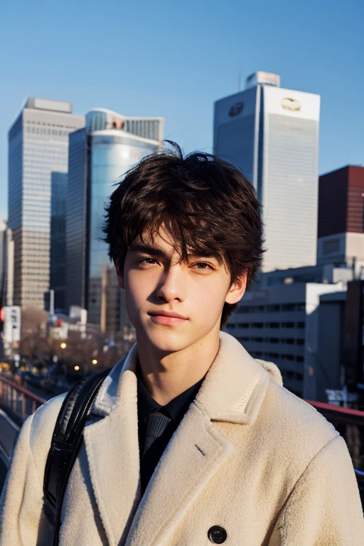 Photorealistic, 8K full-body poster, Beautiful Boys, 18-year-old male, Attractive look, Detailed facial details, Tokyo, Winters, Shibuya in the background