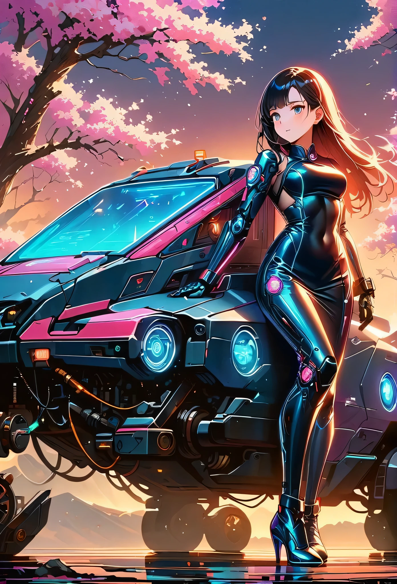 ((Vision)),((whole body)),1 girl, Wearing a black cheongsam,Robot arms and legs,Cyberpunk beauty holding an electric rifle,Standing under the cherry blossom tree with pink flowers,(white sockechanical ceramic high heels:1.5 ),background,Empty Mountain Motorcycle Style Oil Painting,closeup portrait,futuristic style,cyberpunk,high detail