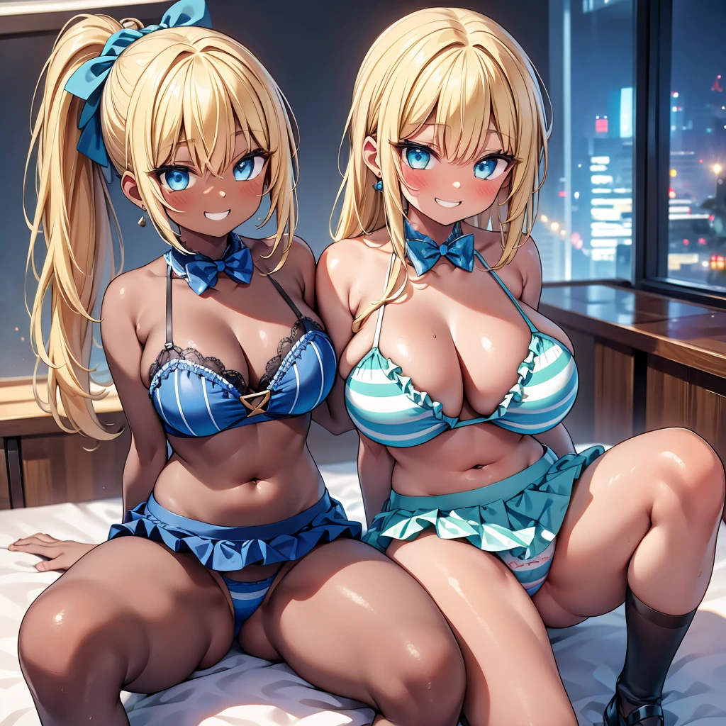 (cute eyes:1.2), (sparkling eyes:1.2), (8K、Best image quality、highest quality、masterpiece)、Detailed face、(2 girls)、Improve、((Brown Skin:1.3))、blonde、Low Ponytail、Scrunchie、Yellow Eyes、Earrings、Wicked Smile、((Grin)), (glamorous:1.1), (huge breasts:), (Light blue striped micro bikini:1.1), (spread legs), Classroom Background, (black stockings:1.2), (Thighs:1.2), (Waistline)