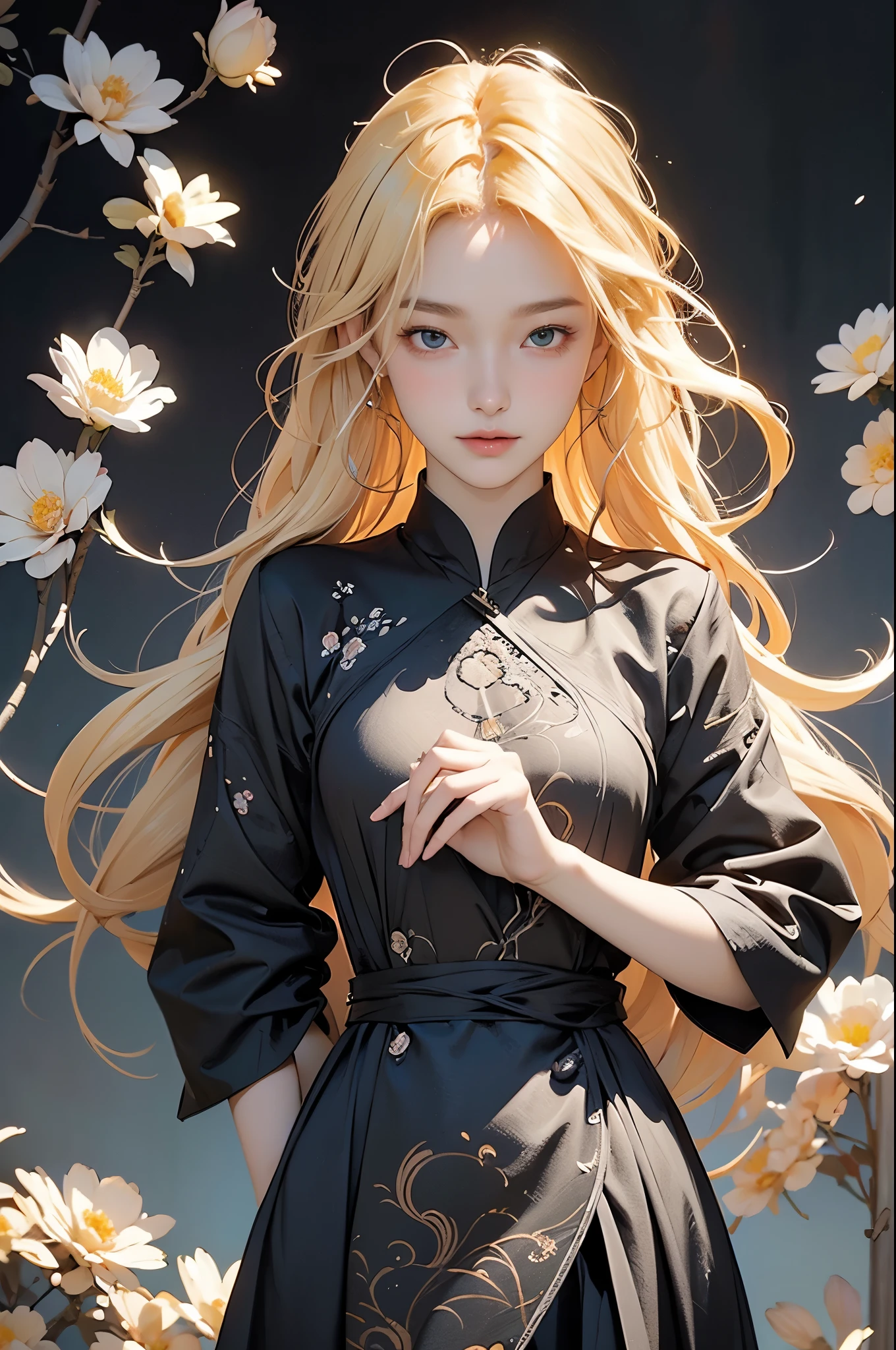 best quality, masterpiece,  official art, unity 8k wallpaper, ultra detailed, beautiful and aesthetic, masterpiece, best quality, (zentangle, mandala, tangle, entangle), (fractal art:1.1), 1girl, (blonde hair, mid parted hair, straight hair, long hair:1.2), pronounced blush, beautiful green eyes,  extremely detailed, dynamic angle, cowboyshot, the most beautiful form of chaos, elegant, a brutalist designed, vivid colours, romanticism, by james jean, roby dwi antono, ross tran, francis bacon, michal mraz, adrian ghenie, petra cortright, gerhard richter, takato yamamoto, ashley wood, atmospheric, ecstasy of musical notes, streaming musical notes visible, (flowers), pxint, (simple black background), meium breasts 
