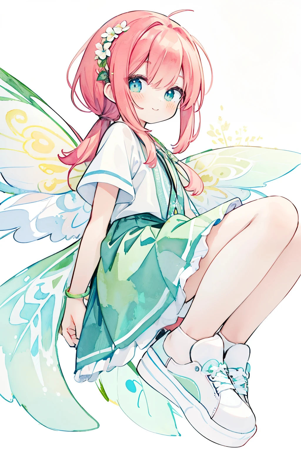 Realistic Lines、Ultra-high definition depiction、Realistic Lines、、(PastelColors:1.3)、(Cute illustration:1.3)、(watercolor paiting:1.1)、 Detailed background、redhead, 1 girl, Four fairy wings on his back、summer👗、ハート型のsummer flowerwreath background:1.0、white, high ponytail、platform sneakers、smile、Up from the side