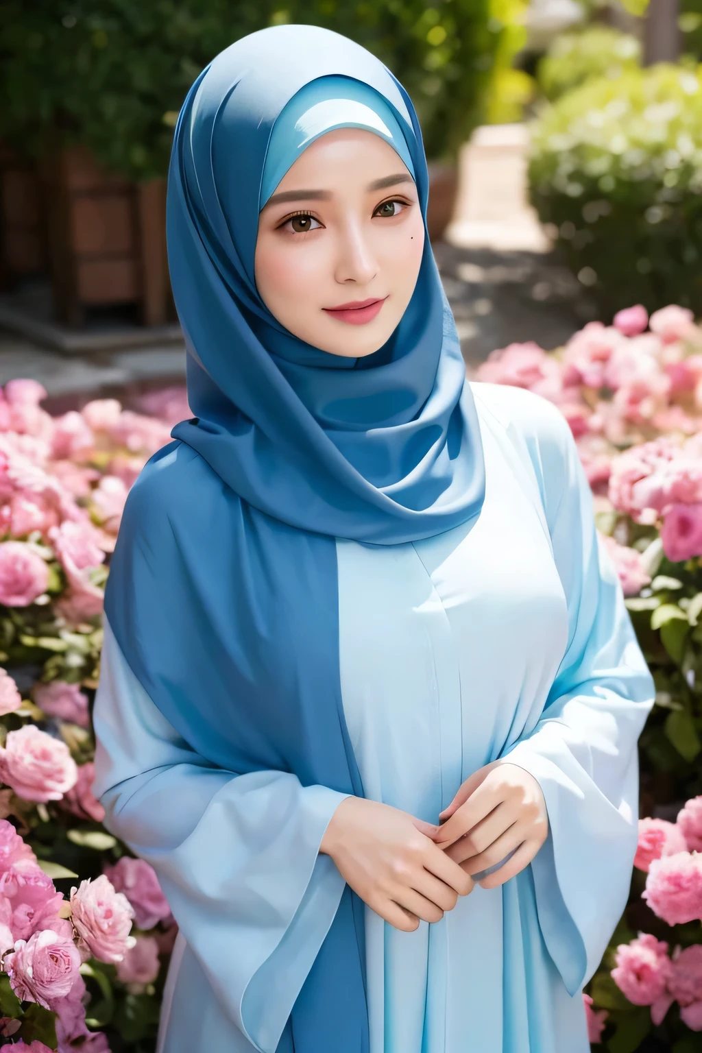 (((high detailed skin,visible pores))), dreamlike, (ulzzang-6500-v1.1:0.5),pureerosface_v1:0.2, face close-up, 1 girl, tall body, slim faces, body abs:1.2, Luna Maya, 30 years old, blushing, hijab ( the hijab covered the hair ), (8K, raw photo, highest quality, flying fragments: 1.2), (reality, realita: 1.4), sharp focus on something big, slim faces, medium breasts, shy smile, visible pores, cinematic lighting, bright light, eye beauty details, shiny and smooth skin, red lipstick, shiny skin, super dense skin, high resolution, complicated hijab, detailed style, detailed beauty face, very realistic, perfect body parts, perfect anatomy, 1 Japanese girl, famous Japanese idol, perfect female body, beautiful eyes, short eyelashes, double eyelids, look straight towards here, wearing white scrunchie, wearing a long dusty blue Malay gamis, walking, standing upright and facing me, so the whole body can be seen, at home background, abaya clothes, looking straight at me, wearing a scarf, view of the flowers garden, brick road, focus look at me