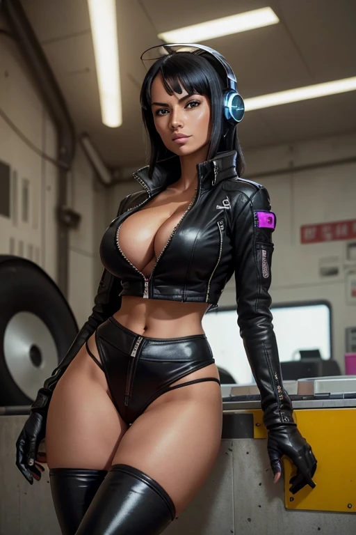 (masterpiece), best quality, expressive eyes, perfect face, Nico Robin in a laboratory, (robot laboratory background), (standing), (smirk), (closeup view), (1girl, Nico Robin face, dark skin, tanned skin, tan, black hair, long waivy hairstyle, no bangs, brown eyes, hourglass figure, skinny body, large breasts, huge breasts, oppai, wide hips, thick thighs, ((black zip-up cyber punk jacket), (cyber punk style), (long sleeve), (croptop), expose cleavage, BREAK, (black thong), (black boots), (antenna headset), (gloves)),