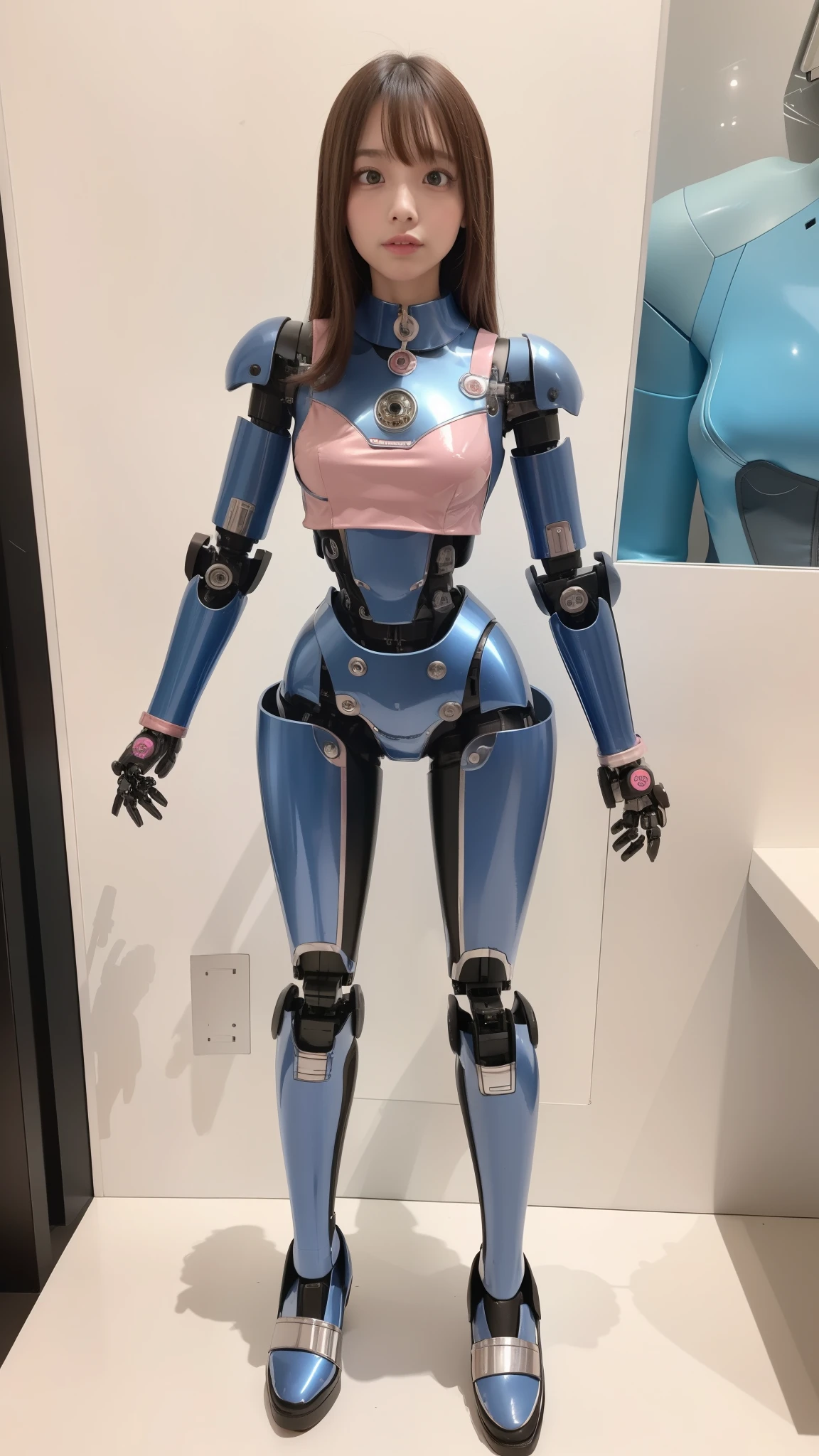 Robot Girl, pink there, Silver, Metallic body, Robot Parts, Metal Parts, Super Detailed Face, Super well-formed face, of the highest quality, a small face, a small head, Brown hair, Slender body, Camera gaze, Internal Mechanical Exposure, Idol, front facing, Well-proportioned body, sale, Exhibited, Event Hall, Moe Pose, pink metallic ta dress machine armor, Standing with legs open, Model body type, sad, Embarrassing,(Perfect Robot Girl),(Perfect machine body)