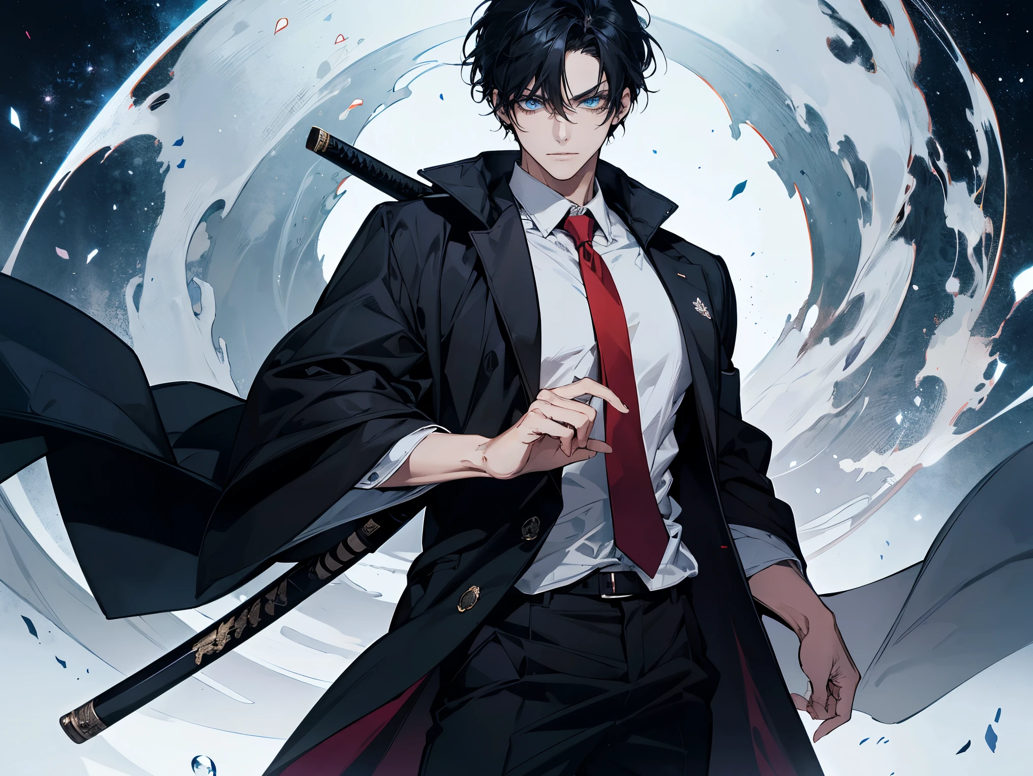 1 man, teacher, wearing white shirt, black robe, black long pants, black hair, short hair, blue eyes, red tie, face to detail, detailed eyes, the background is a universe, holding a katana,