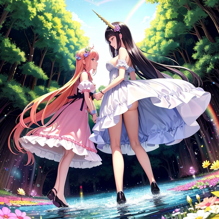 A colorful fantasy world,Two beautiful women walking hand in hand,Ai Fukuhara,Pink Dress,long hair of dark purple color,Flower crown,Large breasts,Rainbow Road,Iridescent tree々,A sparkling river flows,A unicorn is running around in the background,Fairies flying in the background,Black-haired beauty