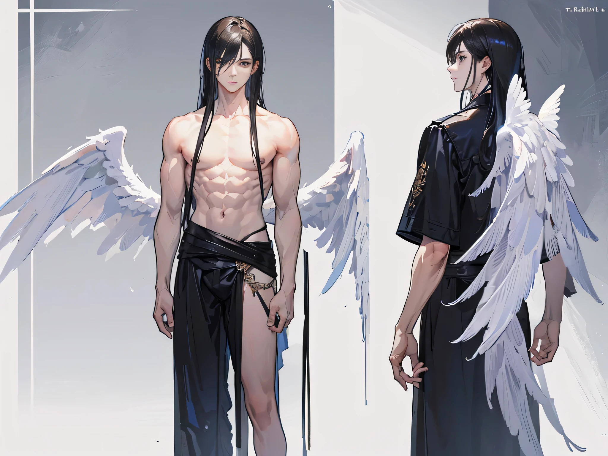 ((Masterpiece, Highest quality)), Male, boy, Detailed face, character design sheet， full bodyesbian, Full of details, frontal body view, back body view, Highly detailed, Depth, Many parts, angel wings, angel outfit, Muscle boy with black long hair bangs，handsome man, male angel , man tall, 