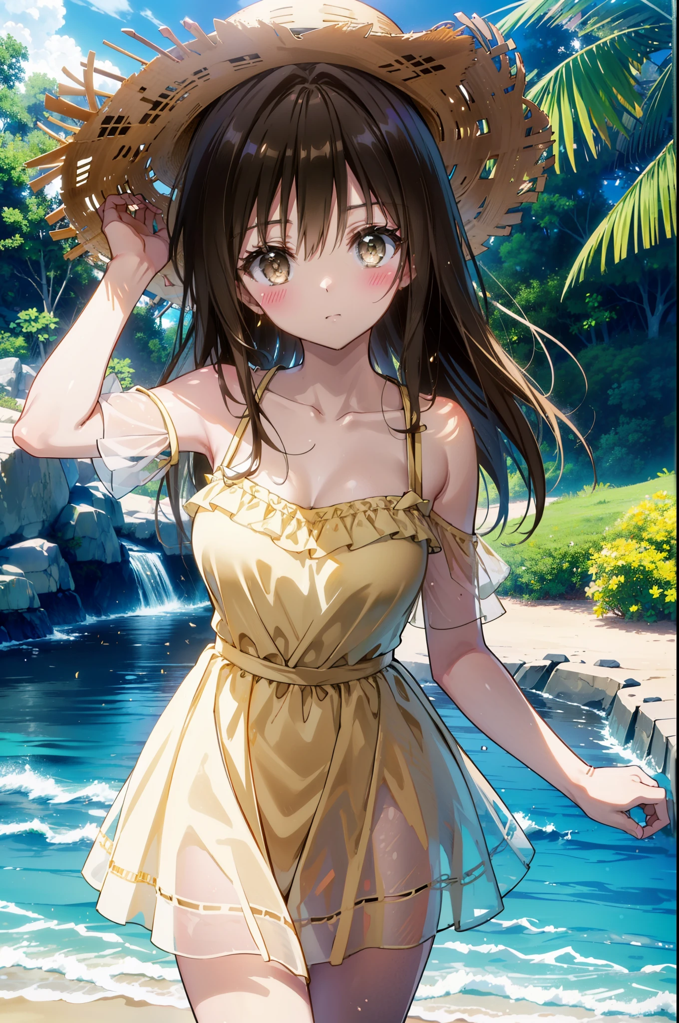 yuikotegawa, Yui Kotegawa, Black Hair, (Brown eyes:1.5),smile,blush, Long Hair,Big Breasts,Big straw hat,Off-the-shoulder sleeveless dress,bare clavicle,Bare neck,Bare arms,Bare shoulders,Long skirt,barefoot,Daytime,Clear skies,Palm tree,Sandy Beachを散歩している,
break outdoors, Beach,Sandy Beach,
break looking at viewer, (Cowboy Shot:1.5),
break (masterpiece:1.2), highest quality, High resolution, unity 8k wallpaper, (figure:0.8), (Beautiful fine details:1.6), Highly detailed face, Perfect lighting, Highly detailed CG, (Perfect hands, Perfect Anatomy),