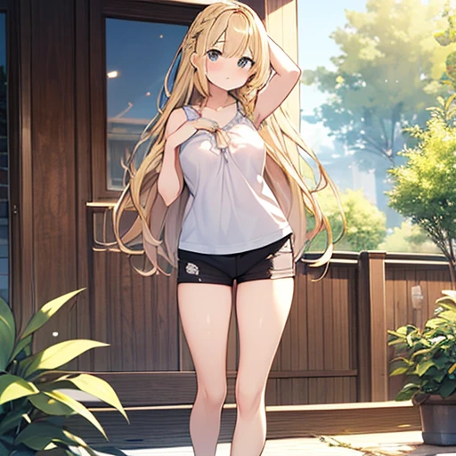 masterpiece、highest quality,Very detailed, Absurd beauty、1 beautiful girl、 (Long Hair、Braided hair、blonde、Ample breasts), Keep your head small、Casual clothing、Summer clothes、Fold your arms under your chest、Standing with your legs apart、lie in wait