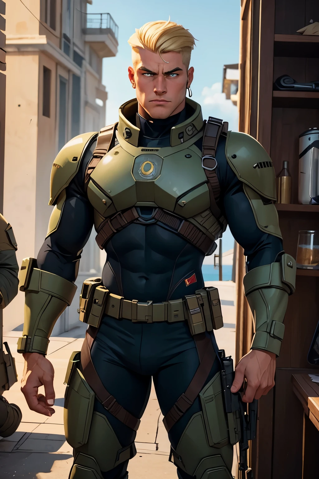 um Marine futuristico, musculoso, blonde and with a mercenary look, but funny
