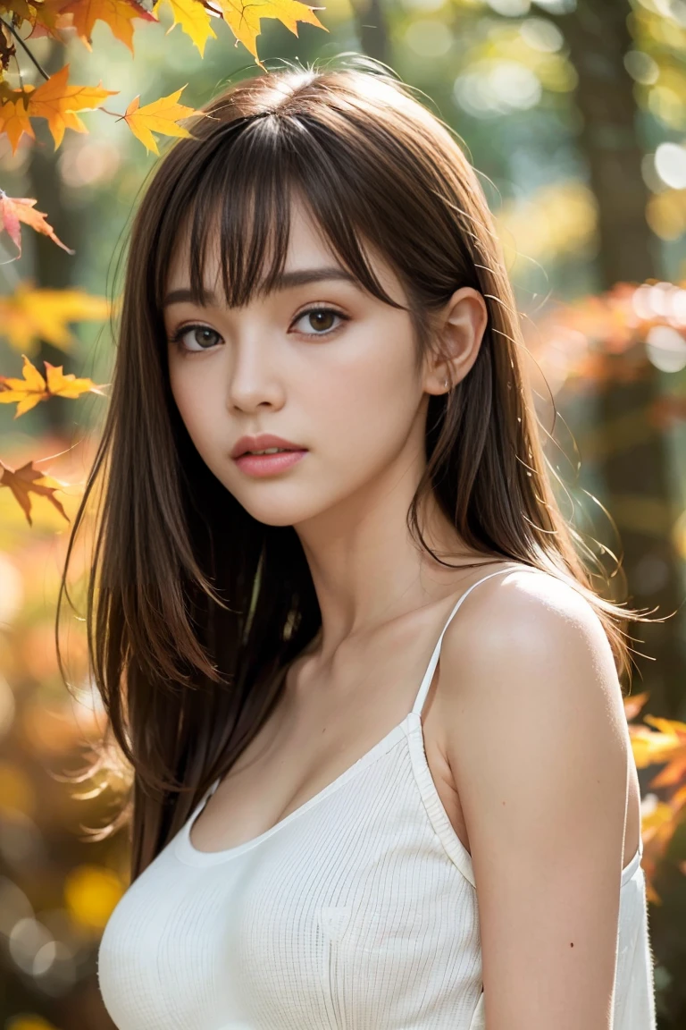 ((((Whole body 1.4)))),1 Female, Light brown hair, Blunt bangs, Hair behind the ear, Hair that falls over the shoulders, Long Hair, Slim figure, Ultra Fine Face, Thin face, Delicate lips, Beautiful Eyes, Light blush, eyes are light brown, Perfect glowing skin, Perfect Skin, Shining Sweat,Have a look at this, Ultra-thin needle, Very thin fingers:Realistic:1.3), (Autumnal Forest:1.4), Fujifilm, 8k, Whole body 1.4, Hmph, Super Detail, high quality, 最high quality, High resolution, ((Don&#39;t show your fingers))、Golden Hour　Beautiful light,  (White Bra),((White panties)) , (((positive image:1.3)))Bare legs,sit