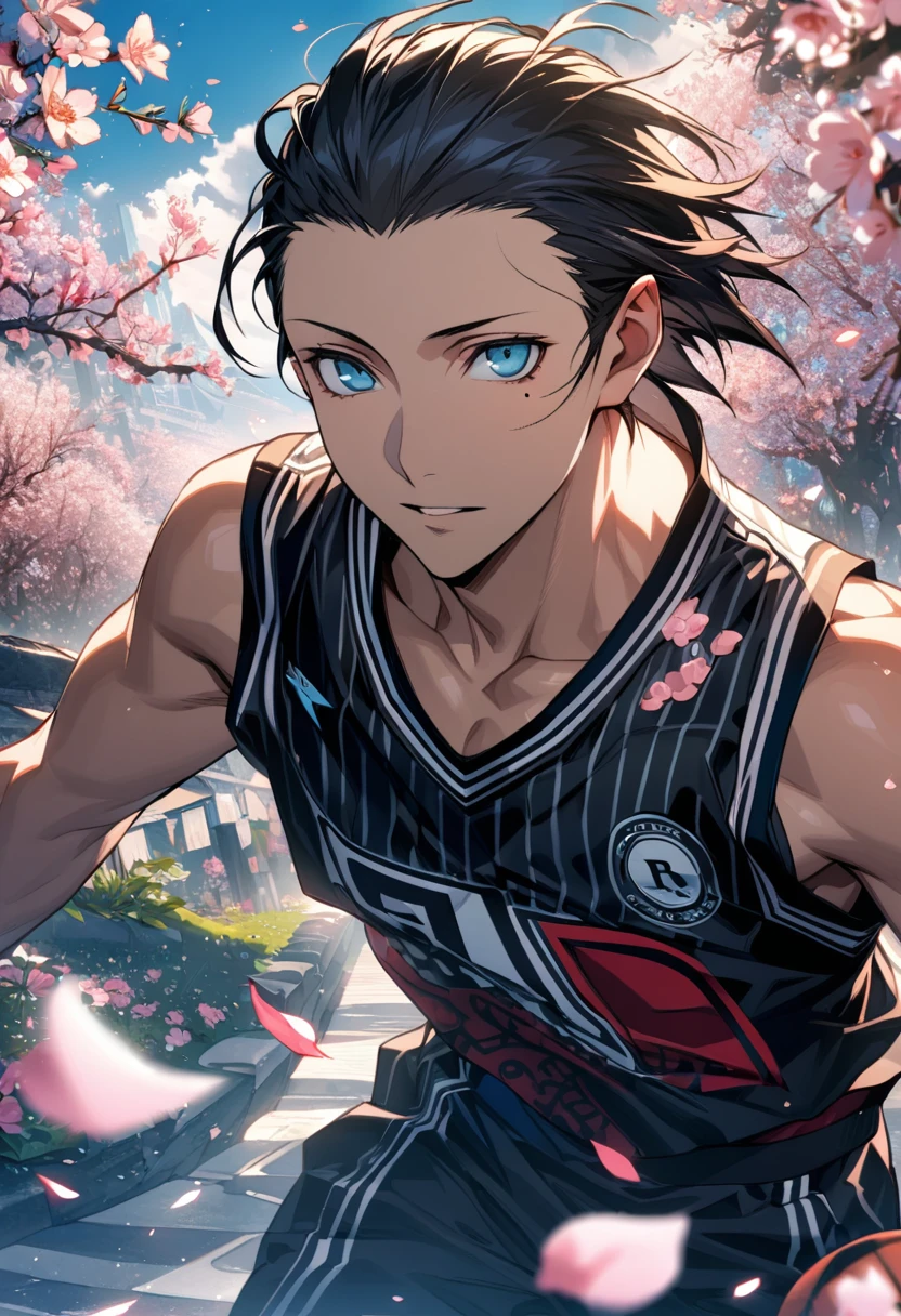 Ultra detailed, Highres, HDR, absurdres, Mochizuki Ryouji, black slicked back hair, expressive blue eyes, patterns, Persona 3, sexy man, handsome, solo, extremely detailed face and eyes, petals, blossoms, spring, master piece, basketball uniform, mole under his eye, flowers