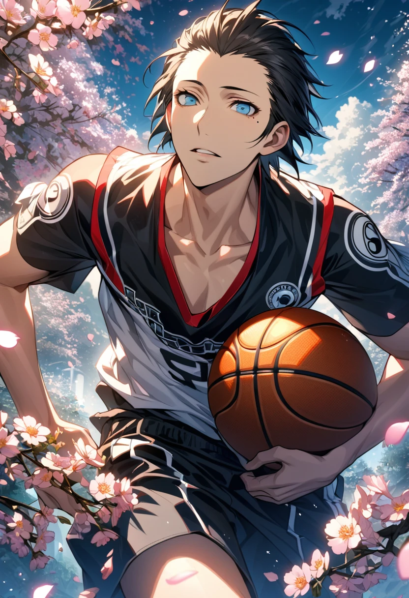 Ultra detailed, Highres, HDR, absurdres, Mochizuki Ryouji, black slicked back hair, expressive blue eyes, patterns, Persona 3, sexy man, handsome, solo, extremely detailed face and eyes, petals, blossoms, spring, master piece, basketball uniform, mole under his eye, flowers