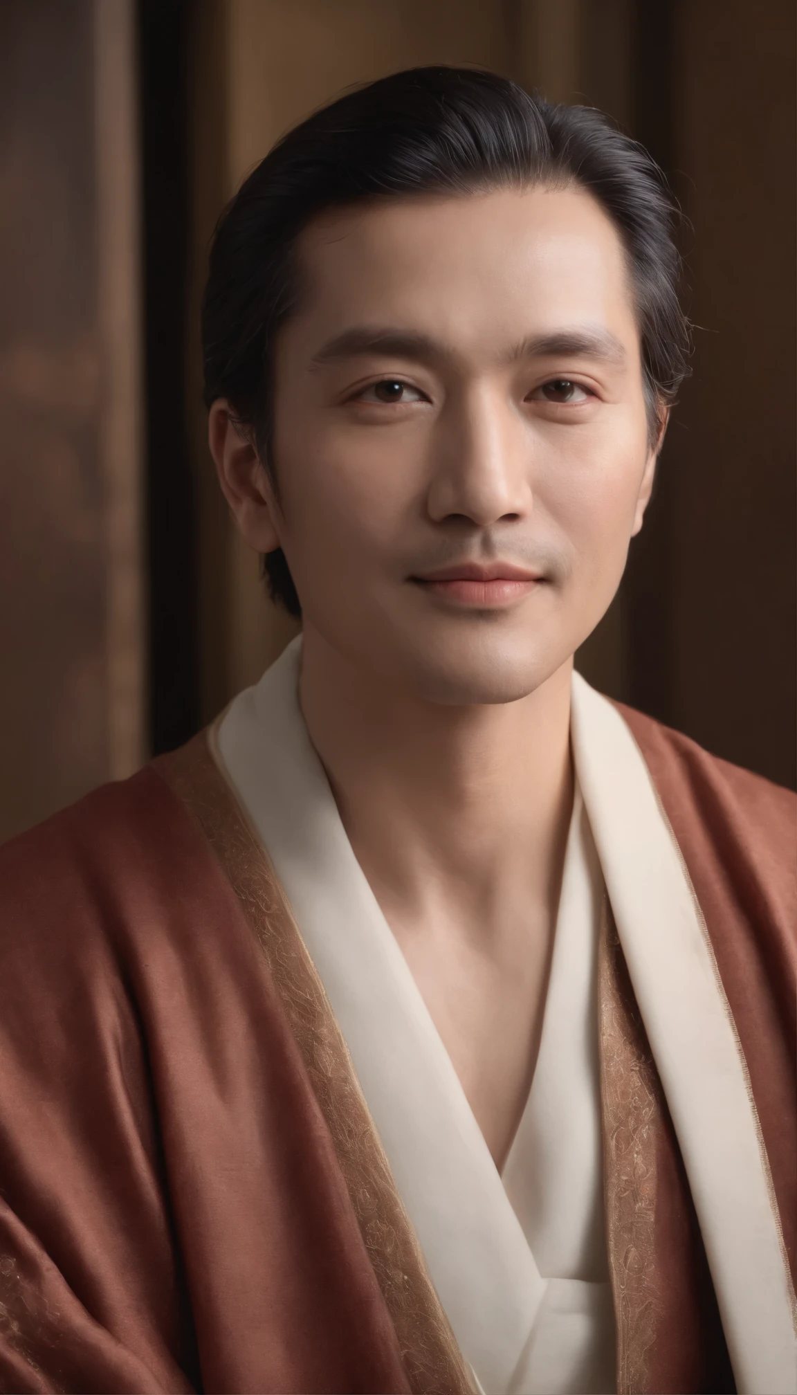Photo of a 40 year old man、Christian pastor((model))teeth、Think deeply、Sit facing forward、Hazel eyes sparkling with wisdom、His Hall々Wavy hair framing a clean, elegant face、Parit perfectly accentuates his figure(Robe)Wearing、彼の表情teeth催眠術のように魅惑的で、Highly detailed face with subtle wrinkles、Beautiful eyes that reflect a warm and caring spirit、 With a beautiful bookshelf in the background、Holding a book that looks like a Bible、Rembrandt lighting、Shot with a Zeiss lens、Ultra-Realistic Rendering、8K UHD resolution、Digital SLR Technology、dramatic