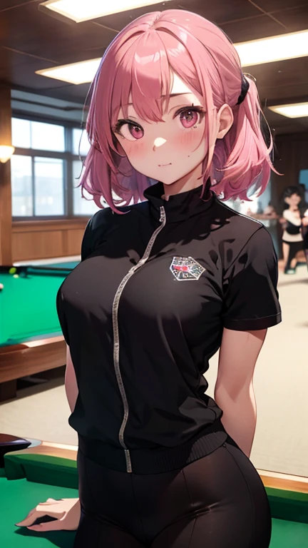 masterpiece、highest quality、Very detailed、Photograph the upper body、1 female、(Put your arms behind your back:1.2)、Are standing、Turn your body forward、View your viewers、(billiard uniform)、blush、shy、Pink Hair、Open your mouth、(Pool hall:0.8)、Big Breasts、