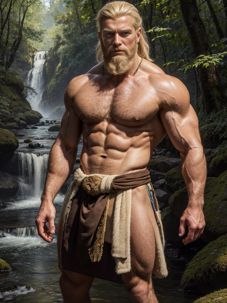 (best quality), masterpiece, ultra-detailed, old guy, beard, muscular physique,full body portrait,blonde hair, intense blue eyes, stream, forest, hairly chest, loincloth 
