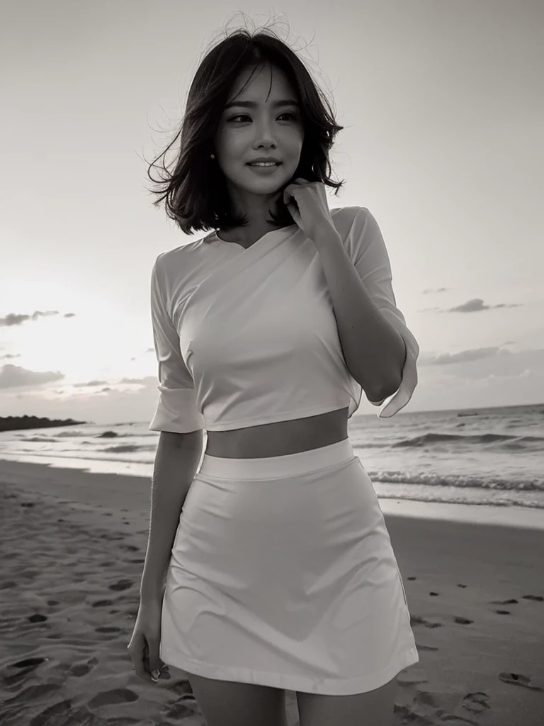 ((Top Quality)), ((8K)), ((Masterpiece: 1.3)), (Perfect Appearance), (Photorealism: 1.6), (grayscale: 1.6), (Japanese woman walking on the beach with the sunset in the background: 1.4), (sandy beach at sunset), (The sea dyed red by the sunset), (The setting sun is dazzling), (Backlit), (Mont Saint Michel can be seen in the background: 1.2), japanese woman, (48 years old), (back view), ((Standing upright, facing forward, center of screen)), ((Realistic skin texture)), (Fine wrinkles throughout the skin: 1.3), (Dull skin: 1.1), (Skin without moisture: 1.2) , (Wrinkles on the face: 0.9), (Wrinkles on the corners of the eyes: 1.2), Double eyelids, tear bags on the lower eyelids, (Crying moles: 0.9), The eyes are looking here, serious gaze, (Dimples: 1.2), smile with the corners of the mouth raised wide, straight medium length, hair fluttering in the wind, soft fabric blouse, (transparent blouse: 1.3), (Plump and glamorous body), (wide sleeves), (Cuffs that fit your wrist), (The hem of the blouse is tucked into the skirt: 1.2), (long skirt: 1.2), (Only the lips are red color: 1.4), (upper body close-up: 1.3), Angle from feet: 1.2,
