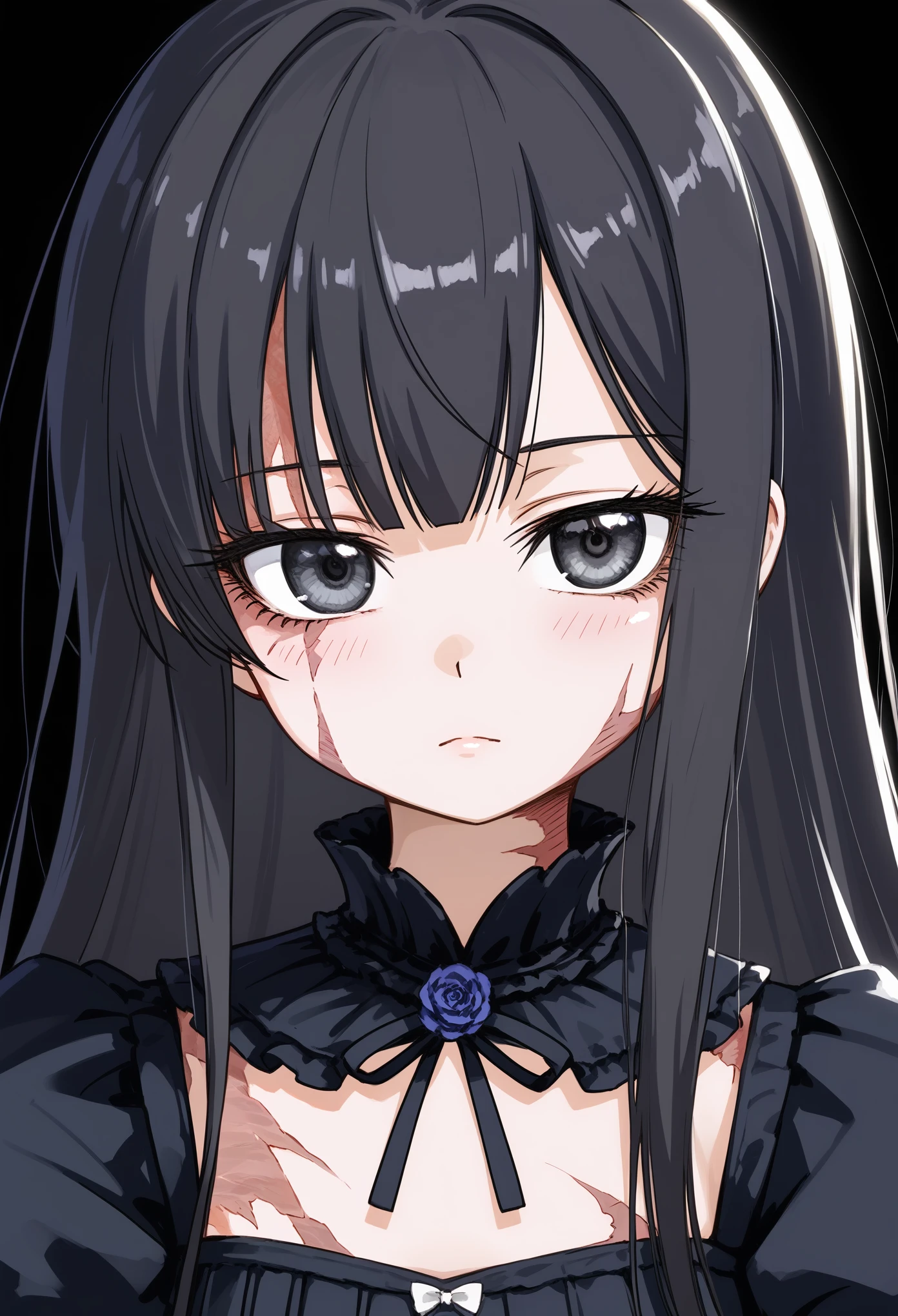 masterpiece, best quality, absurdres, (T-ponyai3 style), (score_9, score_8_up, score_7_up), 1girl, solo, close-up, small breasts, black hair, long hair, black eyes, scars, burn scars, neutral, head tilt, black dress, Victorian fashion, hands down, looking at viewer, black background, simple background, sfw 