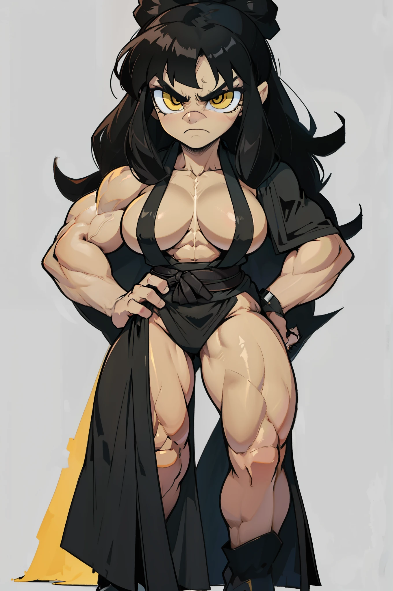 ((grey background)), solo, ((((1 girl)))), very long hair, black hair, angry, yellow eyes, (((((muscular))))), (huge tits), (thick thighs), (wide hips), pale skin, standing, slick hair, (kimono)