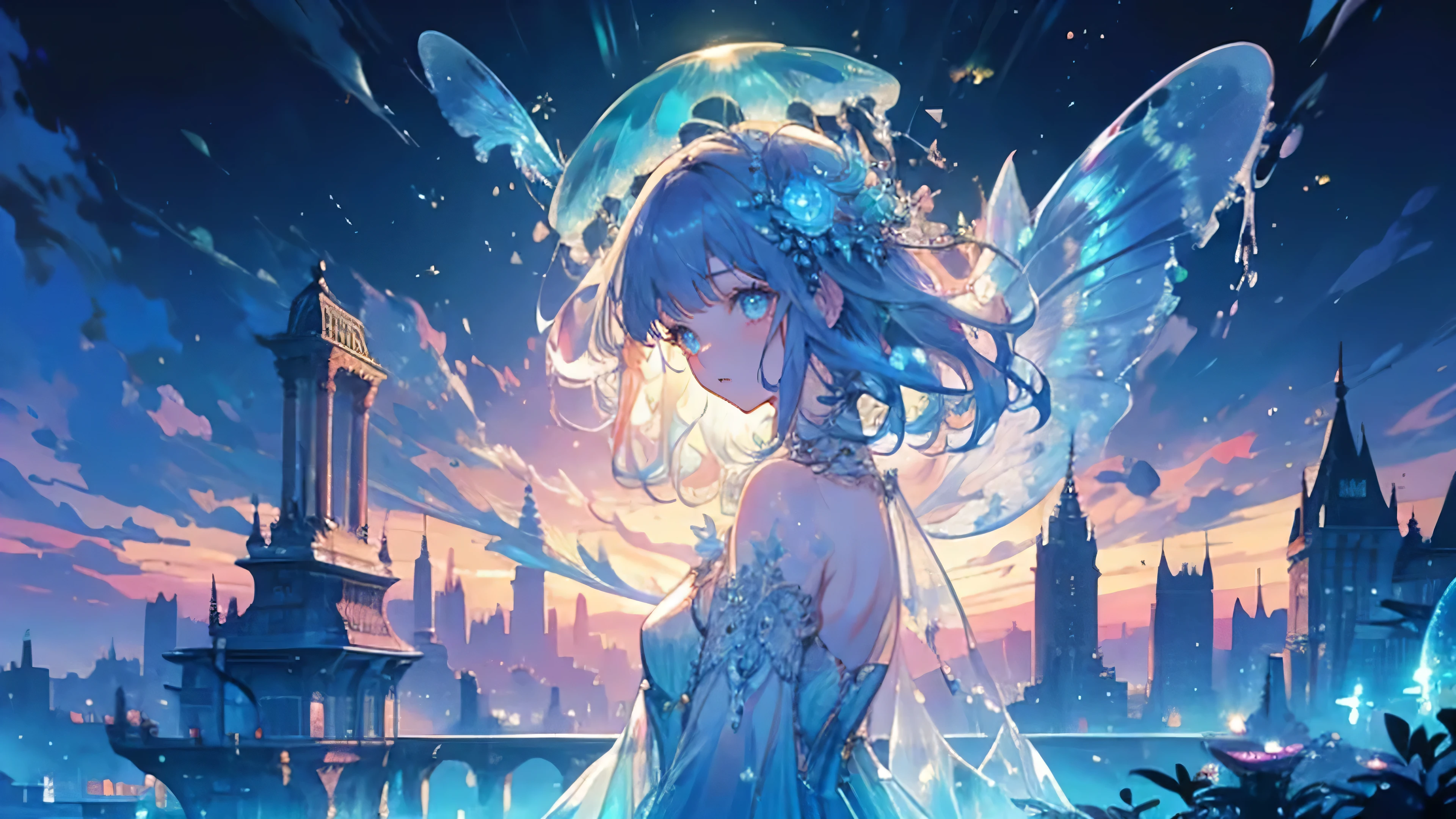masterpiece, high quality, Sea Forest, city, Wonderful fantasy, Glowing Plants, Coral Viaduct, (A swarm of glowing jellyfish), (A school of fish with transparent wings flies through the sky), Foggy, Extremely detailed, Morning light, A magnificent composition, (Intricate details), (Intricate Design, Super detailed: 1.2), Art Station, (masterpiece, 最high quality), Ultra HD, 32k ,city,One girl