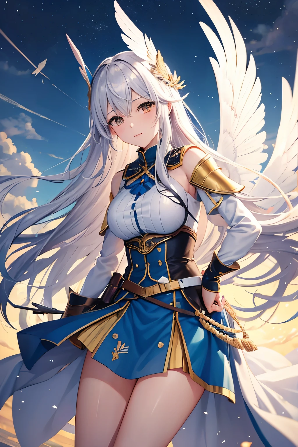 （（highest quality、Masterpiece、Normal body、8k、Detailed face、Ultra-precision、Normal hand、Normal finger、５Finger、Highest））
Winds that shake the horizon　Is the flame still burning? I stand trembling at the entrance to the world Until my feelings reach you　Those wings that cannot die　Valkyrie
傷ついた戦士の前　Valkyrie
舞い降りる幻想の　Lover&#39;s soul　Crossing the Rainbow Bridge to lead　Valkyrie
運命に背いても　Valkyrie
涙に引き裂かれても　Valkyrie
夜明け前に　There is no life that does not shine　i love you
光の鎧　On this body　空を翔る
Valkyrie　Wings of Goodbye
瞳は今　What are those lips aiming for?　Who am I calling? I kept singing, believing that I would meet someone, until I made up for everything　Until you offer it up, those wings　Valkyrie
くずおれた戦士の前　Valkyrie
舞い降りる幻想の　Lover in the blue sky　あなたが溶けてしまわないように
Valkyrie
両手で拾い上げた　Valkyrie
つぎはぎの悲しみが　The truth is in these ruins　Clutching the seeds of pride　東へ
So adorable　So adorable　澄み渡るよ
Valkyrie
その魂　Crossing the Rainbow Bridge to lead　Valkyrie
(The blue that runs through　The storm of time will hit me on the cheek forever　i love you　i love you)
Breathe out.　今選びに行こう未来
Valkyrie
私は風に出会い　Valkyrie
いつか風を見送る　Valkyrie
夜明け前に　There is no life that does not shine　Armor of Living Light　On this body　空を翔る
Valkyrie　Wings of Goodbye