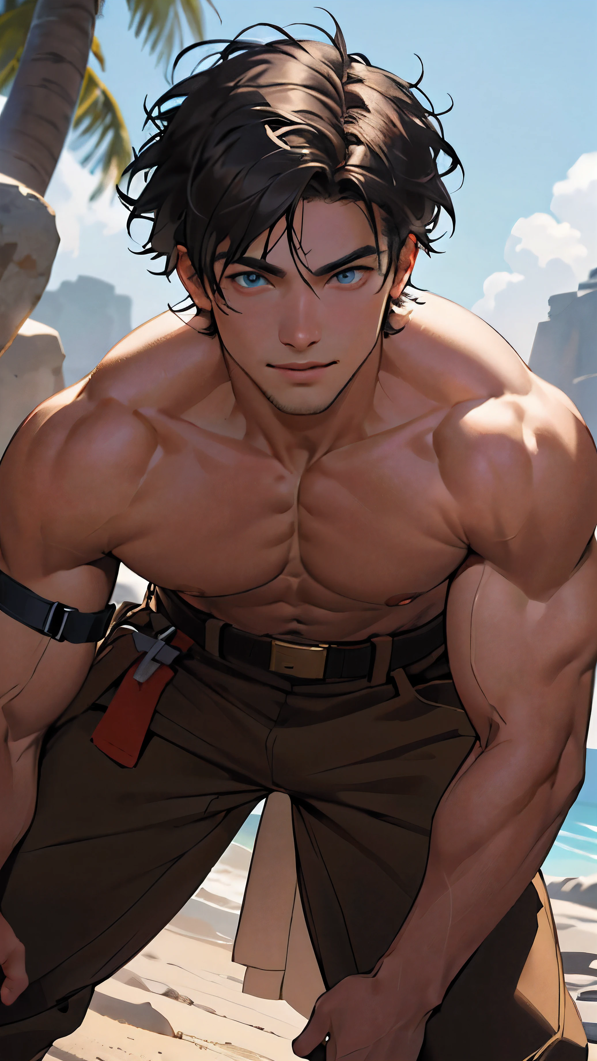 Head to knees image, close image (1man, shirtless, ripped muscles, topless, massive)), jet black dark hair, hair moved by the wind, short hair with bangs that fall over the forehead and on both sides of the face, masculine, human, attractive, handsome (detailed face, perfect face) ((extremely realistic shadows, masterpiece, extremely detailed, photorealistic), ((22 year old young man)), broad shoulders, huge, muscular pecs, strong man, bodybuilding posture, carefree expression, mischievous smile, huge, muscular body and Massive, bulging pecs, muscular abs, narrow waist, short hair, blue eyes, delicate big eyes, open your eyes ((detailed eyes)) Ruins of a Jedi temple with a rocky dbeach, Jedi style baggy brown pants and light brown cloth belt. Extremely muscular tall man