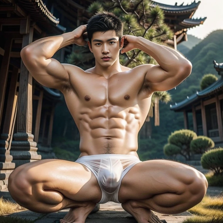 1 handsome Chinese guy,wet body, wet hair, 18-year-old male high school student,majestic,Who is Shi Yu?, Li Yuanbin, Kim Hyung Tae, Kim Hyung Tae, Yin Shishan, Wang Yi Bao, Li Xian , Leo Wu, Handsome Chinese muscular guy,Broad shoulders and narrow waist,A handsome guy wearing white brief, wet skinny brief, transperent underwear ( see through),Form-fitting fabric contours the bust, bare chest,in a buddism pagoda,buddism statues background, detailed background, 4 hands tied over the head,Hands tied behind the head,hands tied top the head,Masculine and sexy,High,Muscles look good,manly, hairy body,Wheat complexion,black eyes(thin eyes 1:3),whole body image, bare butts, nice butts, big bulge , long big dick masturbate, perfect dick, erection dick in good shape, open legs