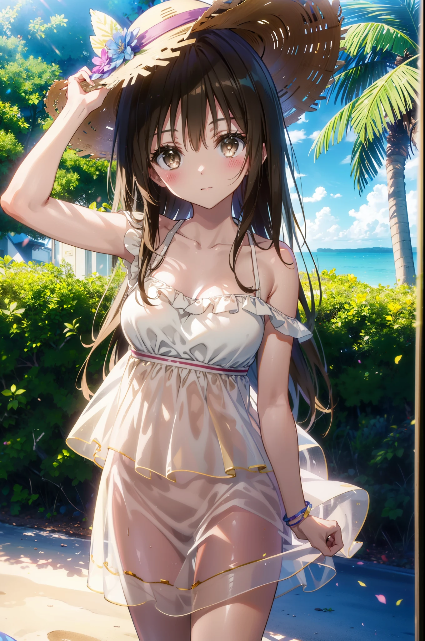yuikotegawa, Yui Kotegawa, Black Hair, (Brown eyes:1.5),smile,blush, Long Hair,Big Breasts,Big straw hat,Off-the-shoulder sleeveless dress,bare clavicle,Bare neck,Bare arms,Bare shoulders,Long skirt,barefoot,Daytime,Clear skies,Palm tree,Sandy Beachを散歩している,whole bodyがイラストに入るように,
break outdoors, Beach,Sandy Beach,
break looking at viewer, whole body,
break (masterpiece:1.2), highest quality, High resolution, unity 8k wallpaper, (figure:0.8), (Beautiful fine details:1.6), Highly detailed face, Perfect lighting, Highly detailed CG, (Perfect hands, Perfect Anatomy),