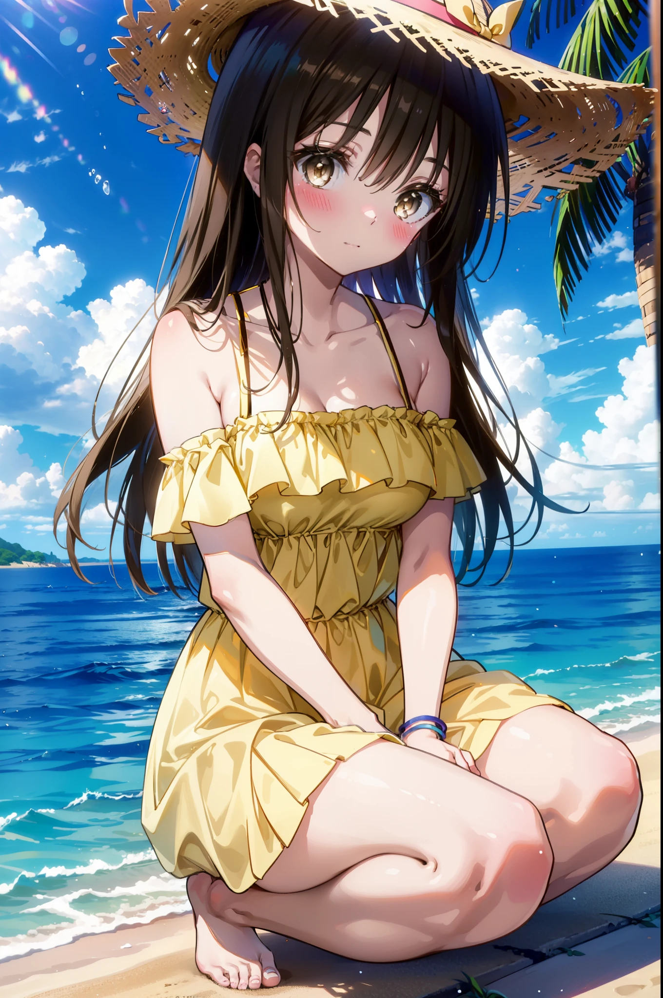 yuikotegawa, Yui Kotegawa, Black Hair, (Brown eyes:1.5),smile,blush, Long Hair,Big Breasts,Big straw hat,Off-the-shoulder sleeveless dress,bare clavicle,Bare neck,Bare arms,Bare shoulders,Long skirt,barefoot,Daytime,Clear skies,Palm tree,Sandy Beachを散歩している,whole bodyがイラストに入るように,
break outdoors, Beach,Sandy Beach,
break looking at viewer, whole body,
break (masterpiece:1.2), highest quality, High resolution, unity 8k wallpaper, (figure:0.8), (Beautiful fine details:1.6), Highly detailed face, Perfect lighting, Highly detailed CG, (Perfect hands, Perfect Anatomy),