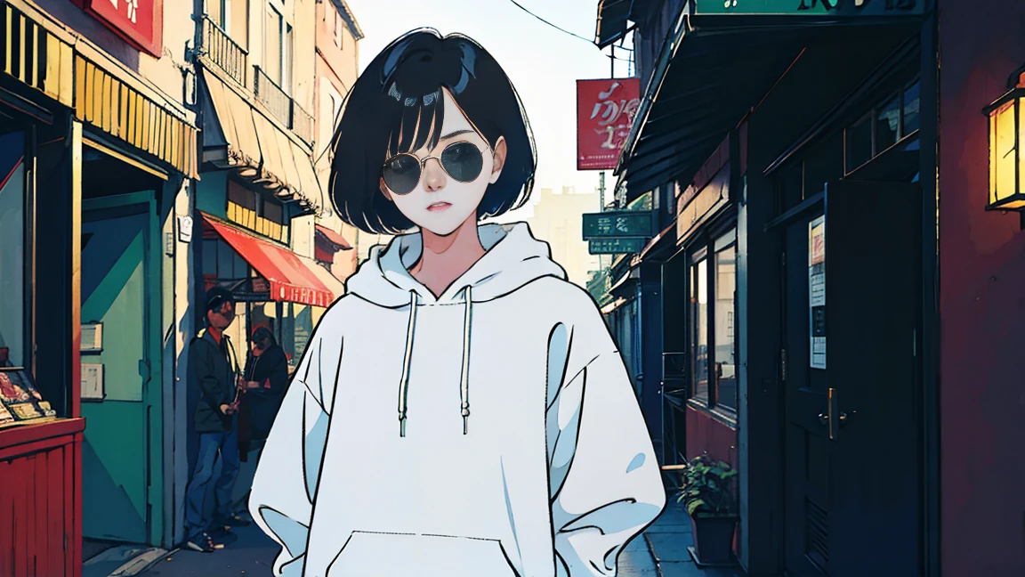 Outdoor、null、the way、Car jams、Beautiful Asian girl with black hair、Perfect Face、sunglasses、White hoodie、Shorts, (Backlight: 1.1), Hard Shadows, masterpiece, highest quality, Complex, Model shooting style, Vintage, Film Grain, Incomplete details